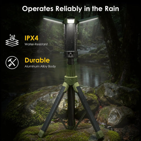 Rechargeable Camping Lantern With 9000mAh Battery, Adjustable Light Modes, IPX4 Water Resistant on tripod in rainy forest.