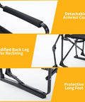 Close-up of folding rocking chair features: detachable armrest coat, solidified back leg, protective long feet.