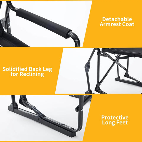 Close-up of folding rocking chair features: detachable armrest coat, solidified back leg, protective long feet.
