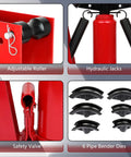 Adjustable roller, hydraulic jacks, safety valve, and 6 pipe bender dies of 12 Ton Manual Hydraulic Copper Pipe Bender.