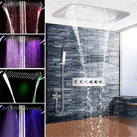 Top Shelf Led Ceiling Shower Set With Five Dynamic Modes Serving Heavy Rainfall Smooth Waterfall And Chill Spa Mist Directly In Your House Bathroom For Prime Weekend Vibes, showcasing waterfall effect on modern wall.