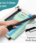Angled side view of EXTRIC 12-inch heavy-duty paper cutter with safety guard, metal base, and ergonomic handle.