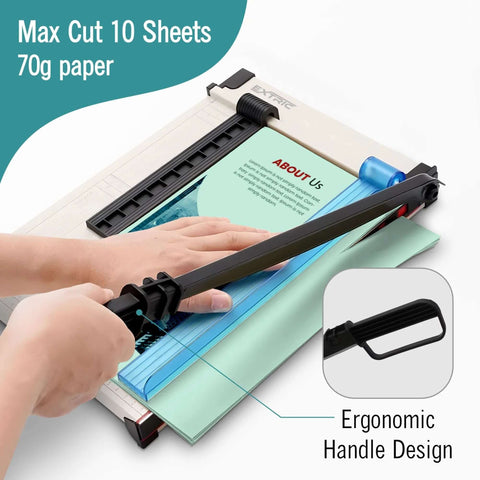 Angled side view of EXTRIC 12-inch heavy-duty paper cutter with safety guard, metal base, and ergonomic handle.
