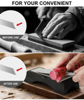 Hands using Pro Grade Chisel Sharpening Jig And Honing Guide For Woodworking Chisels And Planes 0.1 To 2.8 Inches Wide With Angle Fixture.
