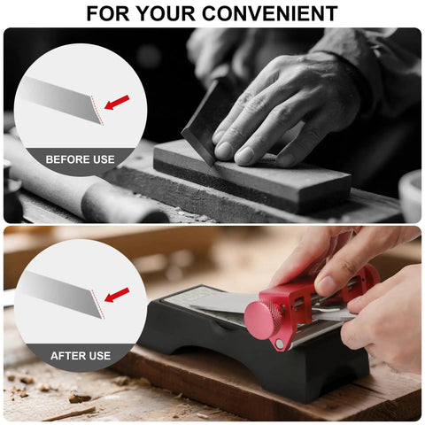 Hands using Pro Grade Chisel Sharpening Jig And Honing Guide For Woodworking Chisels And Planes 0.1 To 2.8 Inches Wide With Angle Fixture.