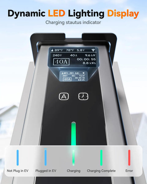 Close-up of Level 1 And Level 2 40 Amp EV Charger dynamic LED display showing status and settings, J1772, 25ft cable, 208-240V