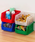 Colorful stackable storage bins filled with snacks, showing organization Use: Space Saving Stackable Plastic Storage Bins For Garage And Pantry No Fuss Organization Bins That Hold Up To 10 Pounds Great For Crafts Office Cosmetics Small Parts Toys Bathrooms Blue 5 By 4 By 3 Inches 24 Pack