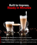 Three coffee drinks in glass cups with coffee beans, showcasing brews made by a professional 16 cup lever espresso machine, copper and brass design.