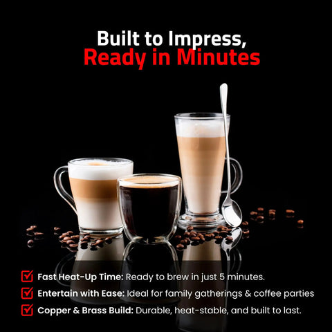 Three coffee drinks in glass cups with coffee beans, showcasing brews made by a professional 16 cup lever espresso machine, copper and brass design.
