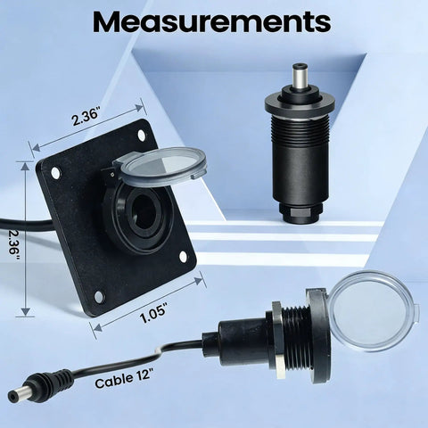 Aluminum Wall Pass Through Kit For RV And Boat Waterproof 12V 5A 60W DC Female Socket Connector with measurements displayed