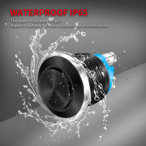 12V 19mm Momentary Horn Push Button Switch Waterproof Round Power Button For RV Truck Boat Marine showing IP65 waterproofing