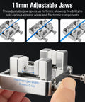 Close-up of Aluminum Soldering Clamp With Ceramic Jaw Adjustable Welding Fixture, showing 11mm adjustable jaws and metal knobs.