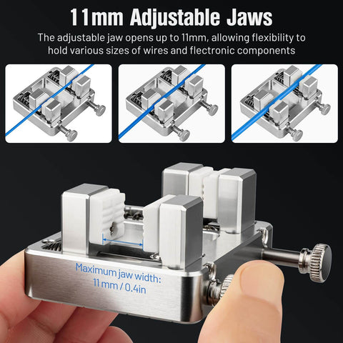 Close-up of Aluminum Soldering Clamp With Ceramic Jaw Adjustable Welding Fixture, showing 11mm adjustable jaws and metal knobs.