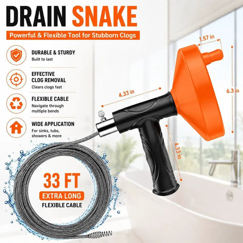 Heavy Duty Drain Snake Auger With Slick Flex Steel Cable For Knocking Out Stubborn Hair And Sink Clogs In Bathroom Or Shower Includes Grippy Work Gloves For A No Sweat Cleanup Fix Bright Orange with 33 ft flexible cable.