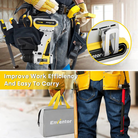Cordless Drill Combo Kit With 20V Brushless Drill Driver And Impact Driver worn by worker, tool bag and carry case visible