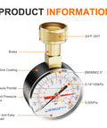 Front view: water pressure gauge with brass 3/4-inch female connection, 2.5-inch dial, 0-200 psi