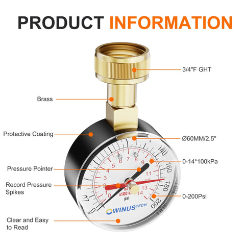 Front view: water pressure gauge with brass 3/4-inch female connection, 2.5-inch dial, 0-200 psi