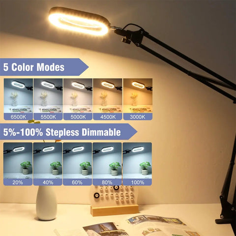 10X Lighted Magnifier With Clamp And Stand For Close Work Real Glass Lens 5 Color Modes Stepless Dimming Desk Lamp on table