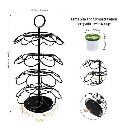 Dimensions and design of 36 Pod K Cup Carousel Coffee Holder Rotating Metal Pod Organizer In Black Detachable 360 Degree Stand