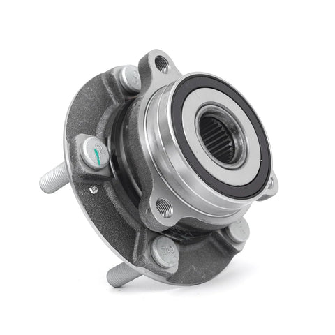 Front view of wheel bearing hub showing metal construction, part of the Front Wheel Bearing Hub Assembly Set Of 2 Compatible With Hyundai Elantra 2017 To 2023 Elantra GT 2017 To 2020 Ioniq 2017 To 2022 Veloster 2019 To 2021 And Kia Niro 2017 To 2022 Forte 2019 To 2022 Replacement Parts.