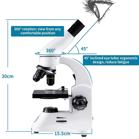 100X To 2000X Educational Compound Microscope dimensions and 360-degree view with ergonomic design for adults and kids