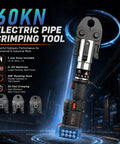 Pro Press Electric Copper Pipe Crimping Tool 18V Brushless, showing 60KN hydraulic performance with three jaw sizes and batteries.