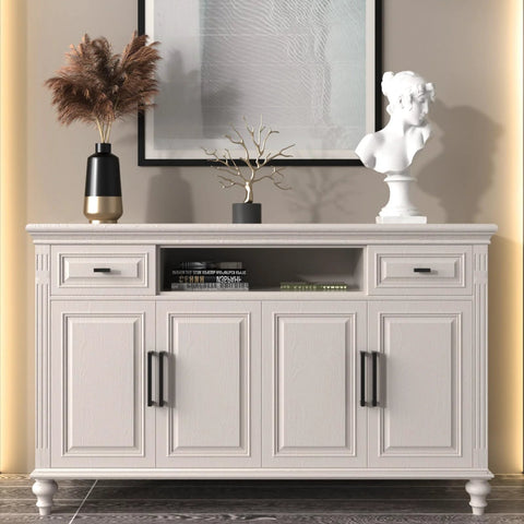White sideboard with black matte cabinet pulls featuring 30 Pack Matte Black Cabinet Pulls 6-1/4 Inch Square Bar Stainless Steel Handles
