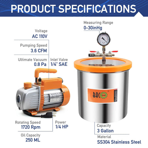 BACOENG 3 Gallon stainless steel vacuum chamber with tempered glass lid and orange pump for resin degassing