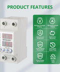 Heavy Duty Adjustable Digital Voltage Protector For AC 120v Single Phase Circuits With Over Under Relay 63a Knockout Current Shield and Dual Led Monitor Quick Snap Din Rail Mount display features
