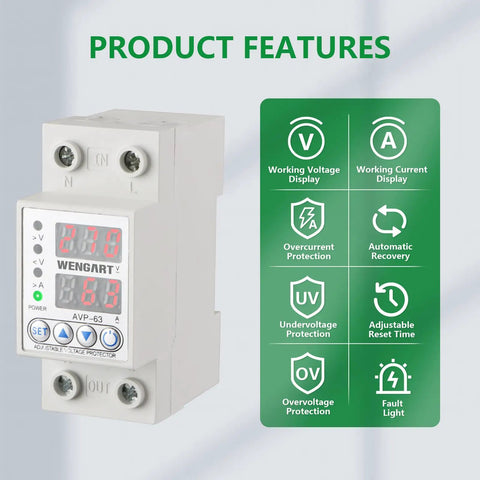 Heavy Duty Adjustable Digital Voltage Protector For AC 120v Single Phase Circuits With Over Under Relay 63a Knockout Current Shield and Dual Led Monitor Quick Snap Din Rail Mount display features
