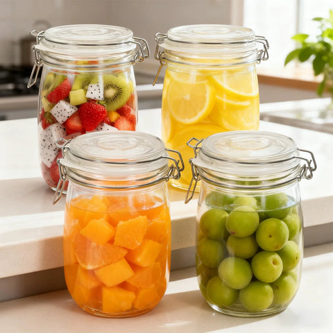 Front view: four glass mason jars with metal clamp lids on a kitchen counter, filled with mixed fruit and citrus slices.