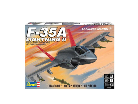 Box of F-35A Lightning II Model Kit 1 To 72 Scale With 143 Parts, Skill Level 4, showing jet artwork and product details.