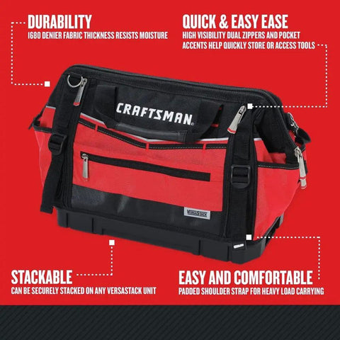 VersaStack Zippered Tool Bag With 31 Pocket Organizer, 1680 denier fabric, moisture resistant, dual zippers, ergonomic handles