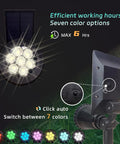 Solar Powered Outdoor Spotlights With 7 LEDs showing adjustable solar panel and color options for landscape lighting.