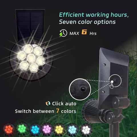 Solar Powered Outdoor Spotlights With 7 LEDs showing adjustable solar panel and color options for landscape lighting.