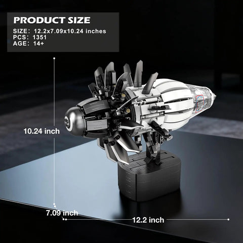Motorized Jet Turbofan Engine Model Kit With 1351 Pieces displayed on stand, dimensions noted, realistic aircraft engine build