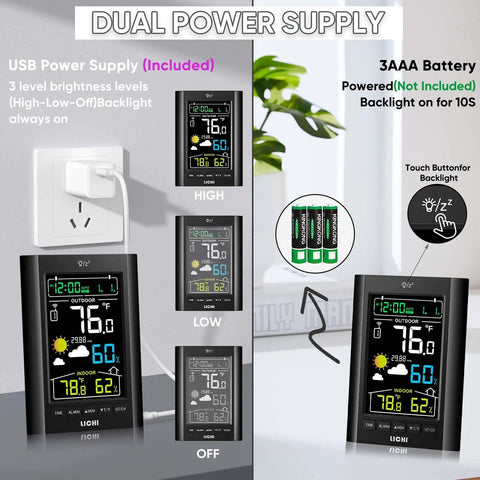 Wireless Indoor Outdoor Weather Station with Thermometer and Humidity Monitor, dual power supply, adjustable backlight