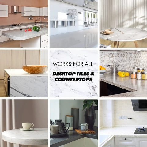 Various countertops showing applications of Marble Granite Repair Kit Pro Grade Color Match DIY Epoxy Resin Tint for surfaces.