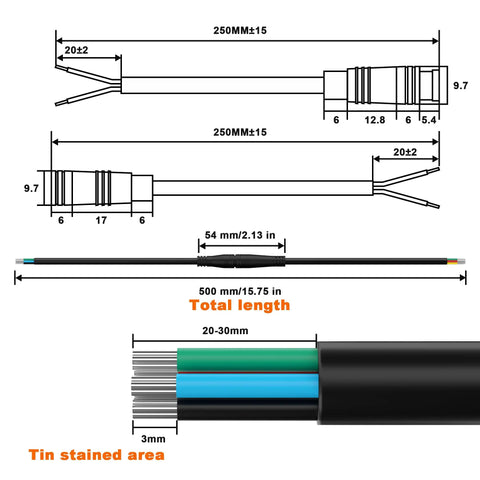 Waterproof Ebike Extension Cable With 2Pin To 6Pin Connectors, Single Connector Design For Lights, Throttle, Ebrake, DIY Ebike Parts, 0.65ft Cable, 25cm, 24AWG For Electric Bicycle Wiring Upgrades