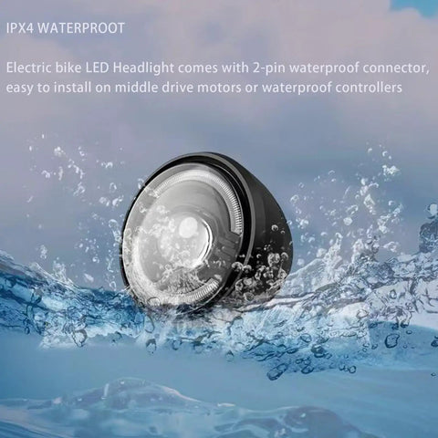 Front Headlight For E Bike With 2 Pin Male Waterproof Connector in water showcasing durability and waterproof features
