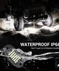 20 Pod White Rock Light Kit With 6000K Pure White LEDs on rocky terrain and waterproof demonstration highlighting IP68 feature