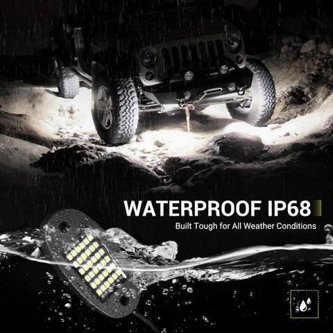 20 Pod White Rock Light Kit With 6000K Pure White LEDs on rocky terrain and waterproof demonstration highlighting IP68 feature
