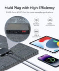Ultra Light 30W Portable Solar Panel Charger with multi plug efficiency, showing USB C, USB A, and DC ports for fast charging.