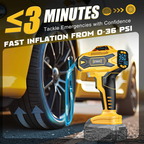 Cordless Tire Inflator Air Compressor With Dewalt 20V Battery Compatibility inflating car tire, digital gauge showing 36 PSI.