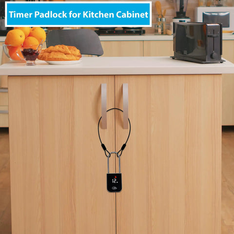 Habit Control Time Lock Padlock to Crush Addictions and Lock Down Bad Habits Keeps Snacks Drinks Locked up in Kitchen Cabinets Fridges Using 12 Inch Rubberized Steel Cable with Lcd Hd Display Screen on kitchen cabinet.