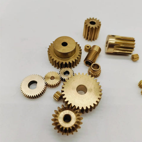 Assorted brass gears including Bevel Gear Set 69 Tooth Brass Gear 0.5 Mod With Step Teeth 6.35mm Bore 15mm Step Diameter 35.5mm Outer Diameter.