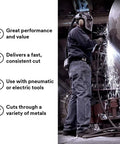 Worker using Fast Ceramic Abrasive Grain Cutoff Wheel For Metal Fabrication And Pipe Cutting, 3 Inch Diameter,.035 Inch Thick.
