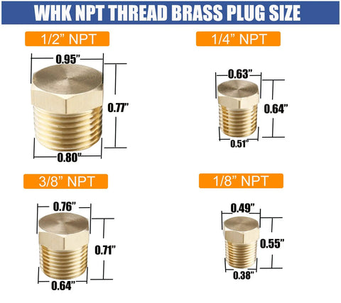 Brass Hex Pipe Plug Fittings Kit 24 Piece Set With NPT Male Threaded Plugs, sizes 1/8 to 1/2 inch, diagram showing dimensions