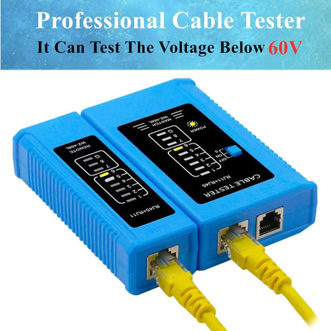 Pass Through RJ45 Crimp Tool Kit For Cat5, Cat5e, Cat6 And Cat6A With cable tester, blue device with yellow cables