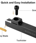 Beefed-Up 5/8 Inch Large Shank Lathe Grooving And Part Off Set Kit with labeled toolholder, alloy blade, and screw